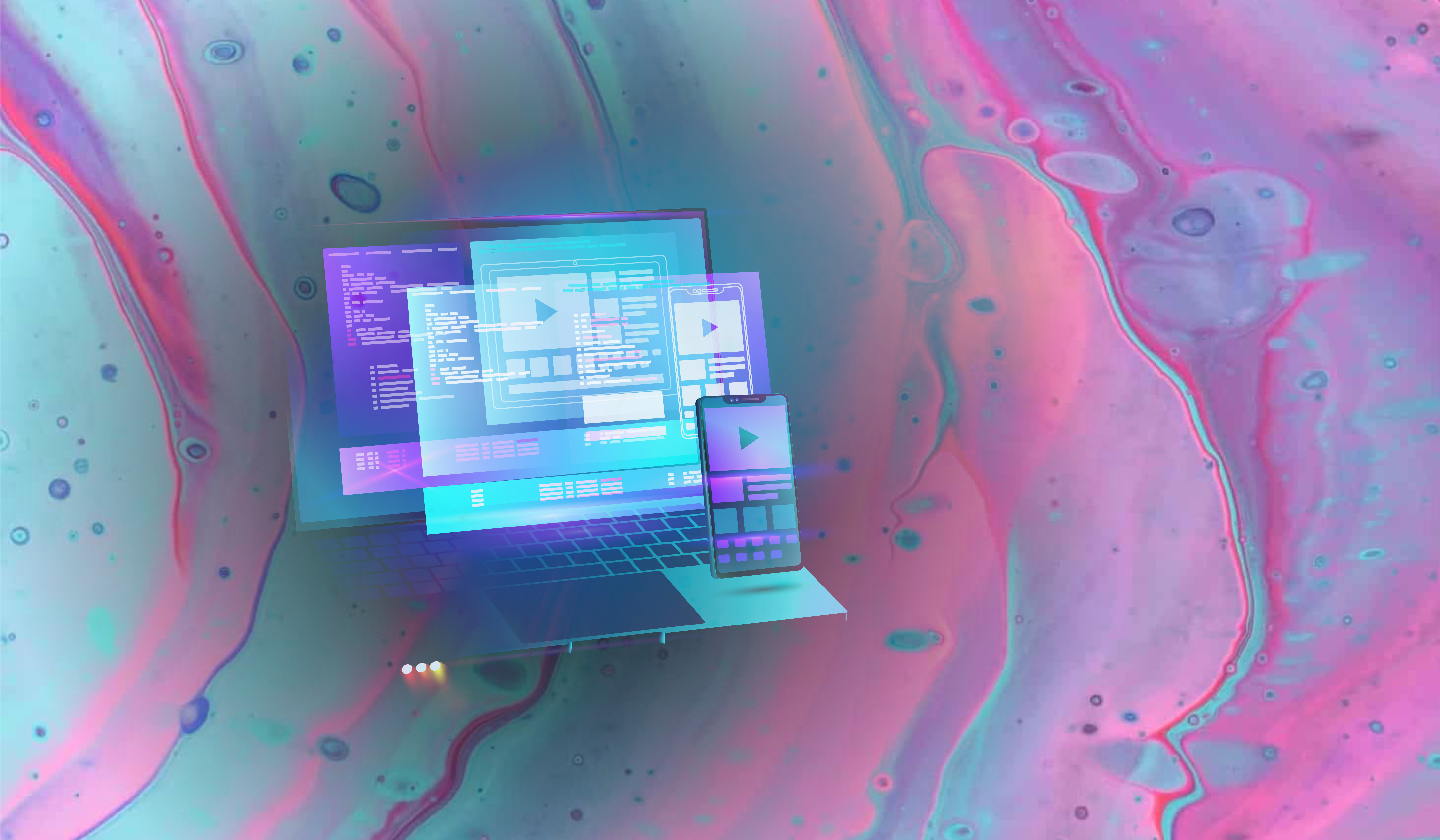 Iridescent ripples of a bright blue and pink liquid overlaid with an image of multi-platform app development