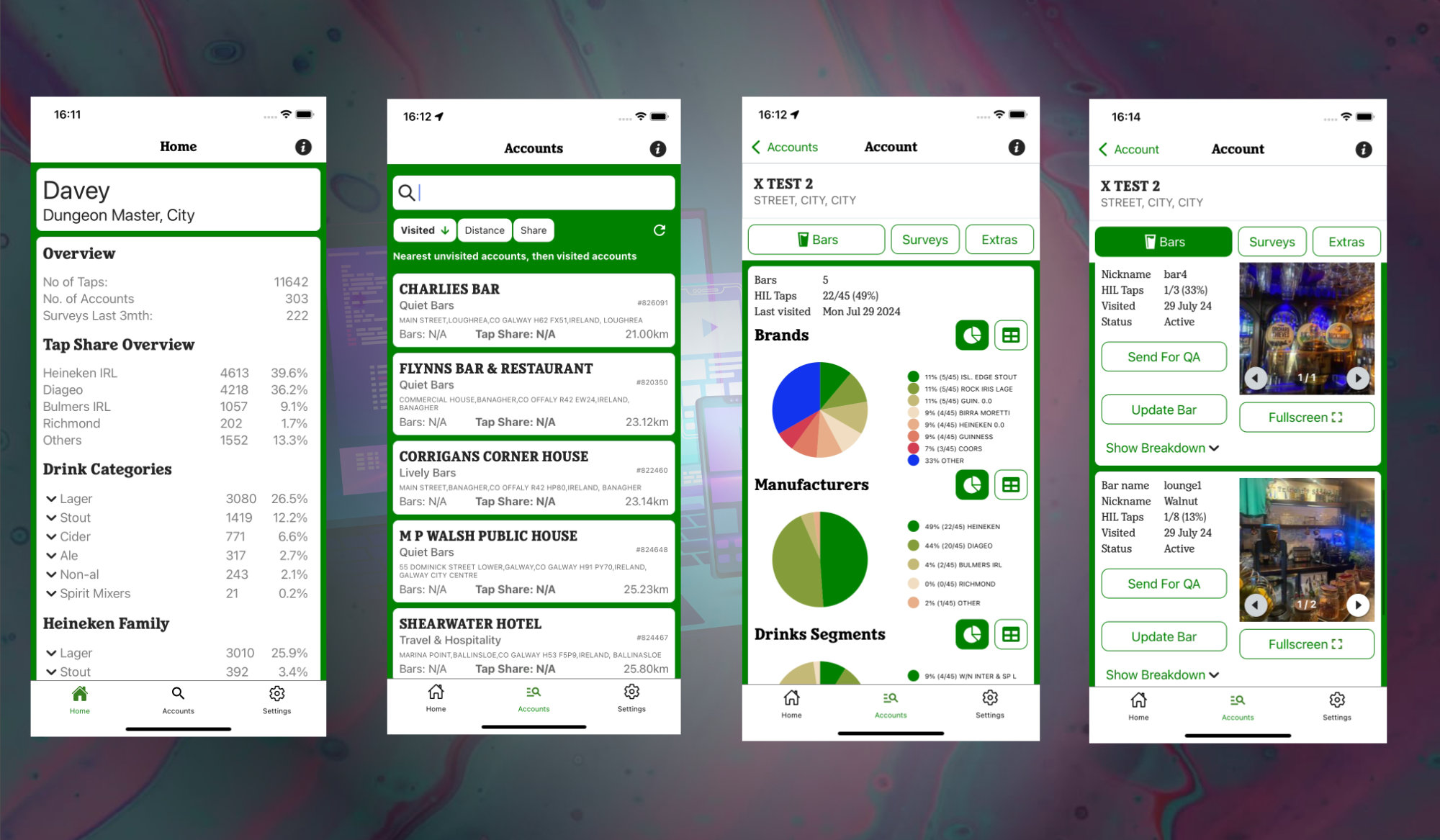 Four screenshots of a mobile app, set against a colourful background. Screenshots indicate that images can be associated with a list of accounts, and market share can be shown.